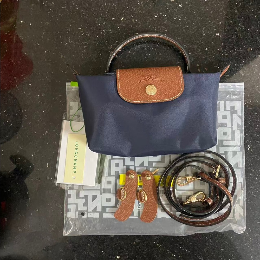 Longchamp Navy and Brown Le Pliage Mini Top-Handle Bag